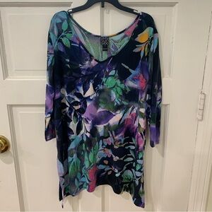 Clara Sun Woo Bright Floral Women’s Stretchy Tunic Art to Wear Lagenlook Size L